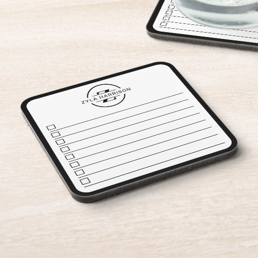Modern Black White Monogram Name To Do Whiteboard コースター (左側)