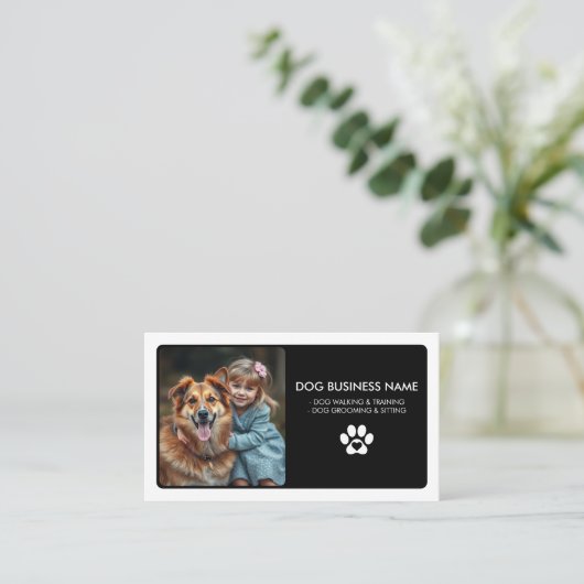 Modern Black White Pet Sitting Photo Paw Print 名刺 (スタンド正面)