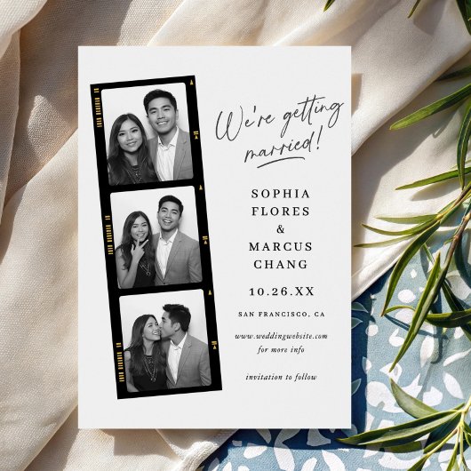 Modern Black & White Photo-booth Filmstrip Wedding セーブザデート