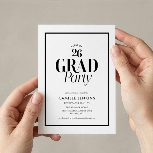 Modern Black White Photo Grad Party Invitation 招待状