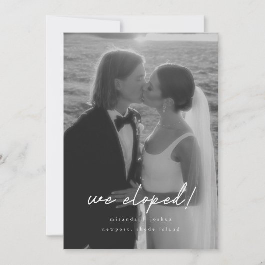 Modern Black & White Photo 'We Eloped' Reception 招待状 (正面)