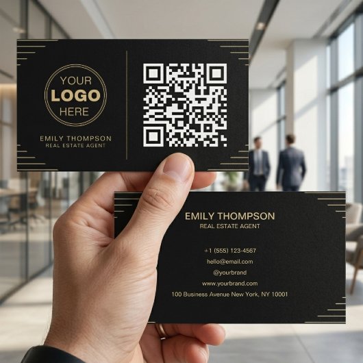 Modern Black & White QR Code | Luxury Art Deco 名刺