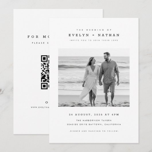 Modern Black & White QR Code Photo Wedding 招待状 (正面/裏面)
