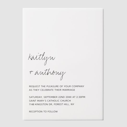 Modern Black & White Script Minimalistic Wedding ベラム紙招待状 (正面)