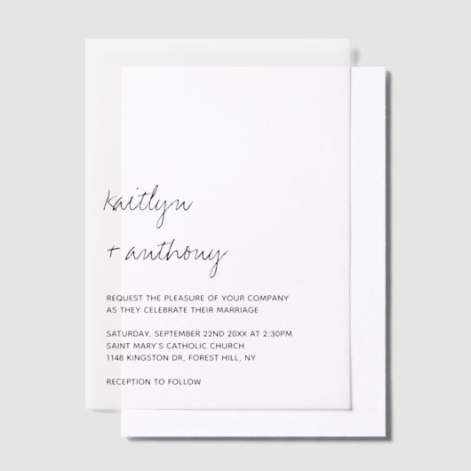 Modern Black & White Script Minimalistic Wedding ベラム紙招待状 (オフセット)