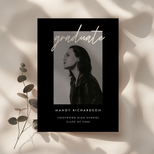 Modern Black White Script Photo Graduation Party 招待状