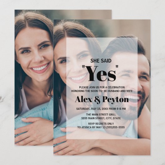 Modern Black White Text Photo Engagement Party 招待状 (正面/裏面)