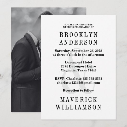 Modern Black & White Wedding Photo 招待状 (正面/裏面)