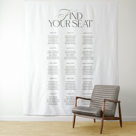 Modern Black White Wedding Seating Chart Backdrop タペストリー (インサイチュ)