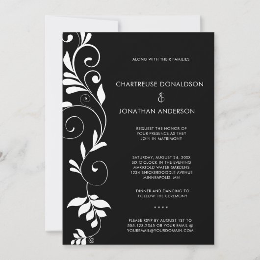 Modern Black with White Botanical Vines Wedding | 案内状 (正面)