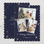 Modern Blue 3 Photo Snowflake Christmas Card シーズンカード (正面/裏面)