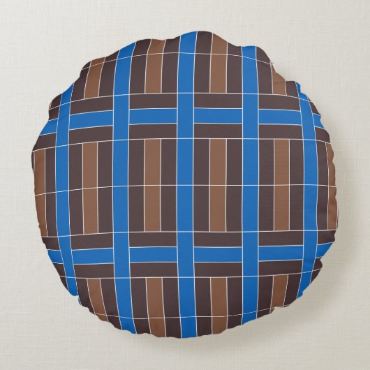 Modern Blue and Brown Geometric Plaid Pattern | ラウンドクッション (裏面)