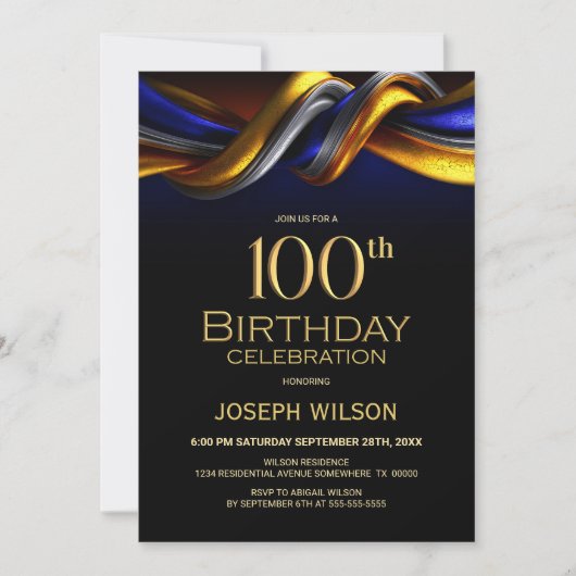 Modern Blue and Gold 100th Birthday Party 招待状 (正面)