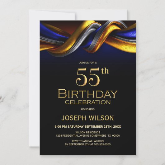 Modern Blue and Gold 55th Birthday Party 招待状 (正面)