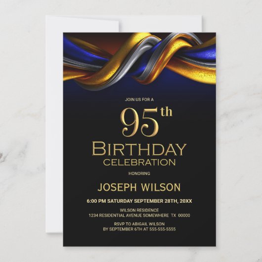 Modern Blue and Gold 95th Birthday Party 招待状 (正面)