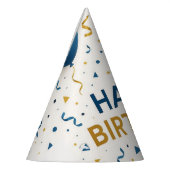 Modern Blue and Gold Balloons Happy Birthday パーティーハット (左)
