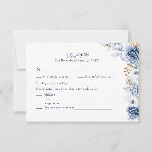 Modern Blue and Gold Floral Wedding RSVP Card (正面)