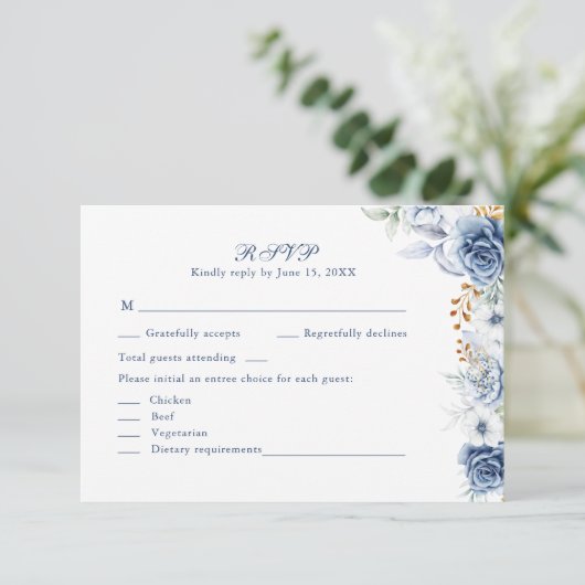 Modern Blue and Gold Floral Wedding RSVP Card (スタンド正面)