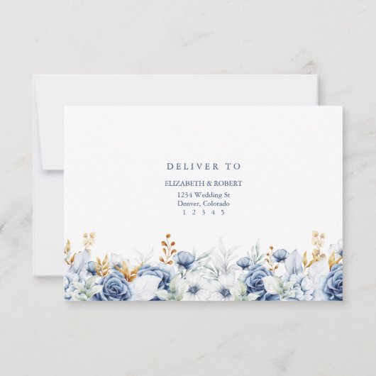 Modern Blue and Gold Floral Wedding RSVP Card (裏面)