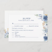 Modern Blue and Gold Floral Wedding RSVP Card (正面/裏面)