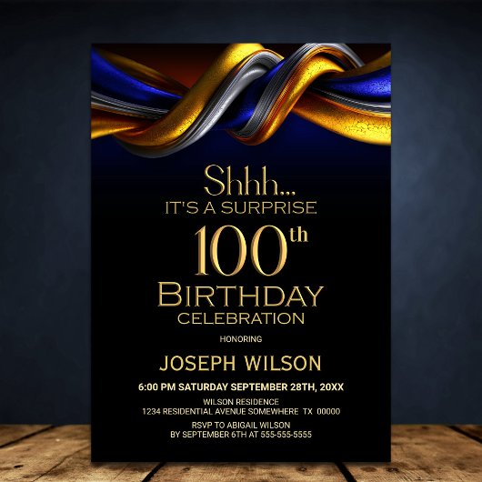 Modern Blue and Gold Surprise 100th Birthday Party 招待状