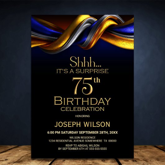 Modern Blue and Gold Surprise 75th Birthday Party 招待状