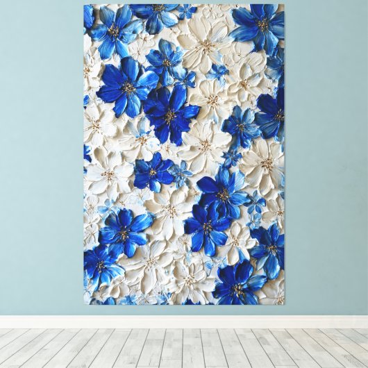 Modern Blue and White Floral Abstract Wall Art   キャンバスプリント (インサイチュ (ウッドフロア))