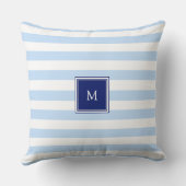 Modern blue and white stripes pattern monogram クッション (裏面)