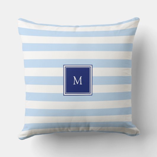 Modern blue and white stripes pattern monogram クッション (裏面)