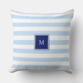 Modern blue and white stripes pattern monogram クッション (正面)