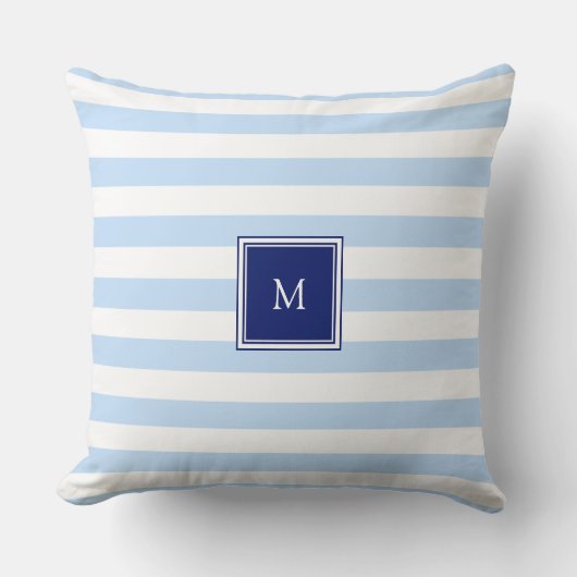 Modern blue and white stripes pattern monogram クッション (正面)