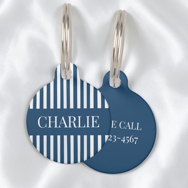 Modern Blue and White Stripes Personalized Name ペット　ネームタグ (Modern Blue and White Stripes Personalized Name Pet ID Tag)