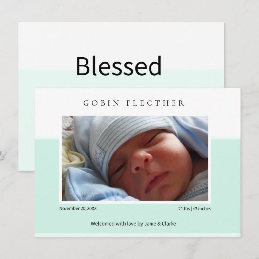 Modern Blue Baby Boy Photo Birth  案内状 (正面/裏面)