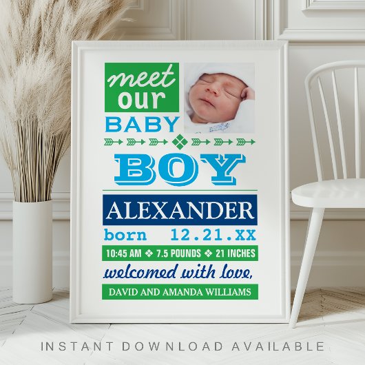 Modern Blue Baby Boy Photo Birth Announcement ポスター