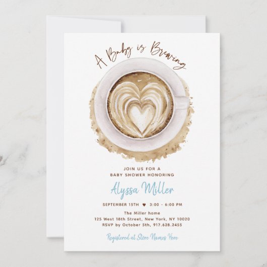 Modern Blue Baby Is Brewing Coffee Baby Shower 招待状 (正面)