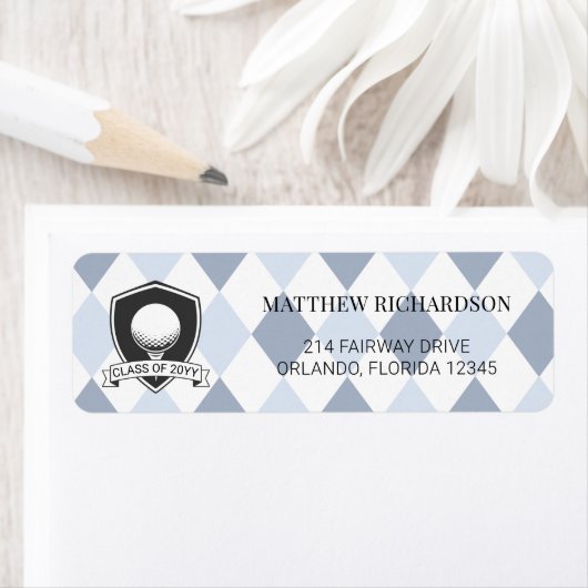 Modern Blue Black Golf Graduation Return Address ラベル (インサイチュ)
