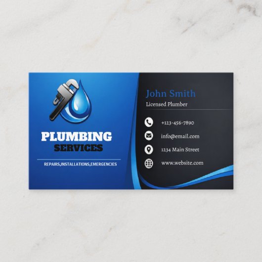 Modern Blue & Black Plumbing Business Card 名刺 (正面)