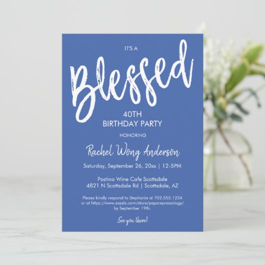 Modern Blue Blessed Any Occasion Birthday Party 招待状 (スタンド正面)