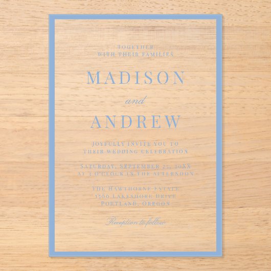 Modern Blue Border Wedding アクリル招待状 (正面)