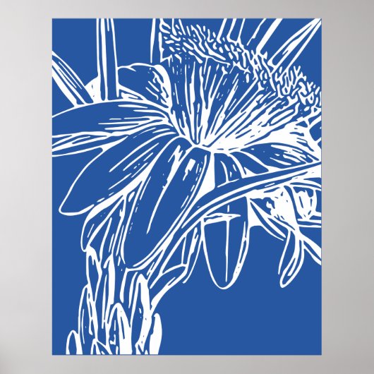 Modern Blue Botanical Floral Line Drawing Artwork ポスター (正面)