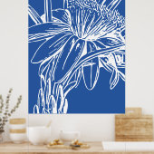 Modern Blue Botanical Floral Line Drawing Artwork ポスター (キッチン)