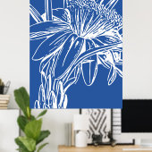 Modern Blue Botanical Floral Line Drawing Artwork ポスター (ホームオフィス)