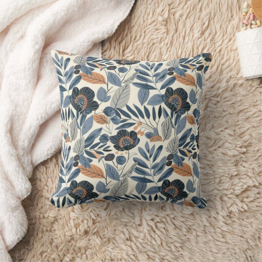 Modern Blue Botanical Spring Floral Throw Pillow クッション (ブランケット)