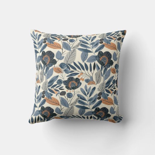 Modern Blue Botanical Spring Floral Throw Pillow クッション (裏面)