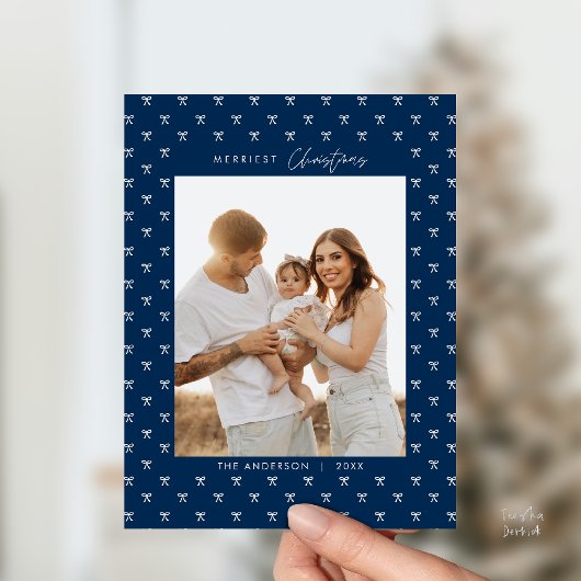 Modern Blue Bow Pattern Family Photo Christmas ポストカード