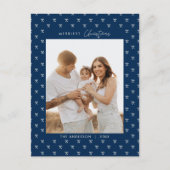 Modern Blue Bow Pattern Family Photo Christmas ポストカード (正面)