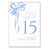 Modern Blue Bow Watercolor Script Bridal Shower テーブルナンバー (裏面)