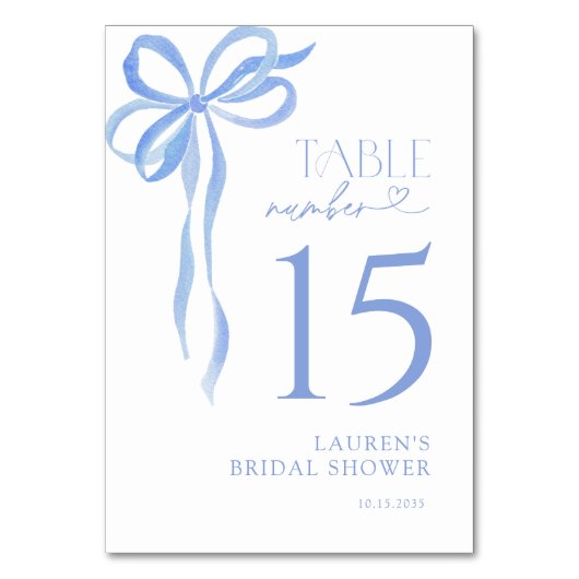 Modern Blue Bow Watercolor Script Bridal Shower テーブルナンバー (正面)