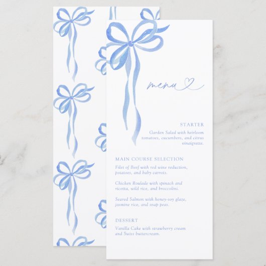 Modern Blue Bow Watercolor Script Bridal Shower メニュー (正面/裏面)