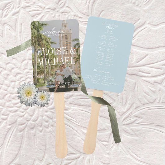 Modern Blue Citrus Script Wedding Ceremony Program ハンドファン